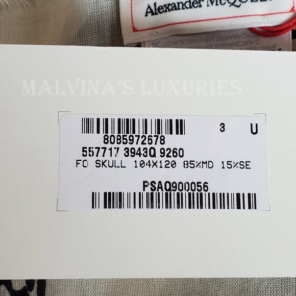 ALEXANDER MCQUEEN SCARF ICONIC SKULL PRINT IVORY MODAL SILK FRINGE UNISEX - Picture 12 of 13